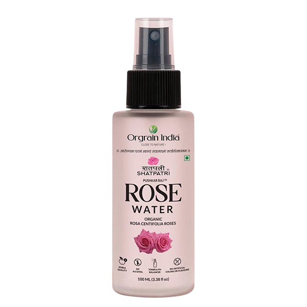Orgrain India Shatpatri Rose Water 100ml | Organic Rosa Centifolia | Edible Grade, Alcohol-Free | Glass Spray Bottle
