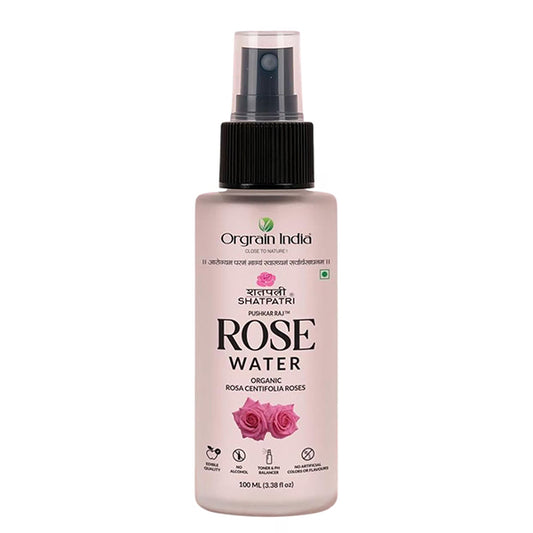 Orgrain India Shatpatri Rose Water 100ml | Organic Rosa Centifolia | Edible Grade, Alcohol-Free | Glass Spray Bottle