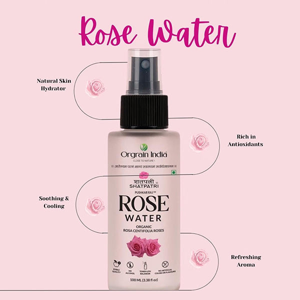 Orgrain India Shatpatri Rose Water 100ml | Organic Rosa Centifolia | Edible Grade, Alcohol-Free | Glass Spray Bottle