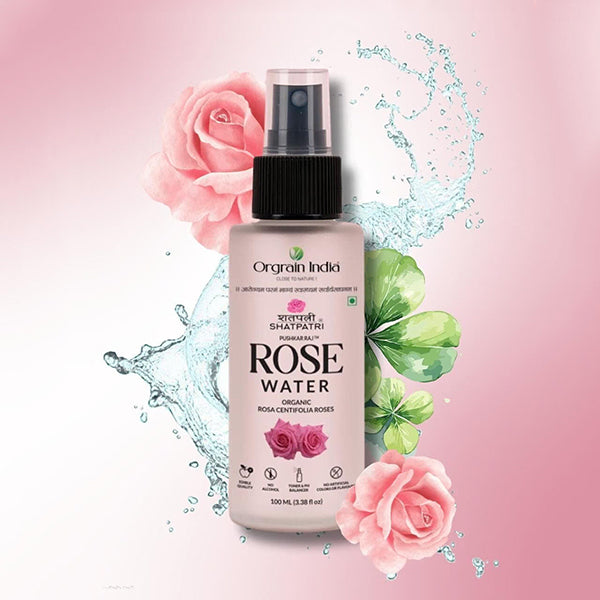 Orgrain India Shatpatri Rose Water 100ml | Organic Rosa Centifolia | Edible Grade, Alcohol-Free | Glass Spray Bottle