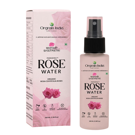 Orgrain India Shatpatri Rose Water 100ml | Organic Rosa Centifolia | Edible Grade, Alcohol-Free | Glass Spray Bottle