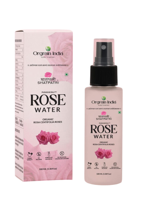 Orgrain India Shatpatri Rose Water – 100ml | Glass Spray Bottle with 100% Organic Rosa Centifolia Roses | Edible Grade, Alcohol-Free, Skin Toner & pH Balancer