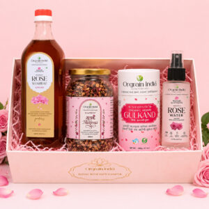 Orgrain India Royal Rose Gift Hamper for Raksha Bandhan | Organic Mishri Gulkand 400g, Rose Sharbat 1000ml, Rose Mukhwas 300g & Rose Water 100ml